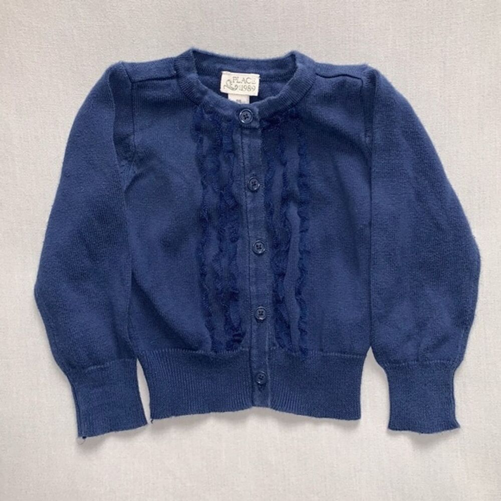 Navy Blue Ruffle Delicate Knit Button Down Cardigan Sweater Winter 1989 Place